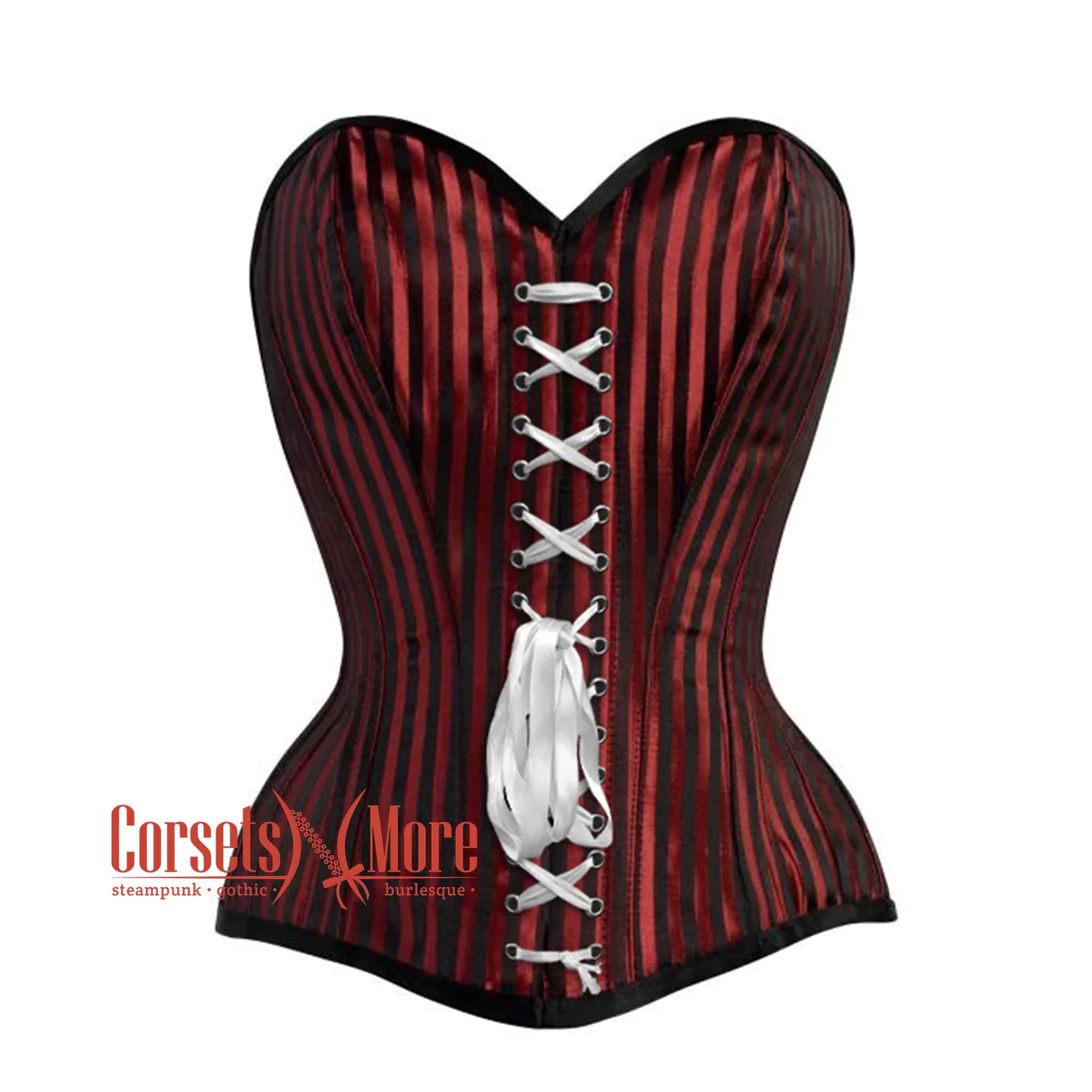 Corset top with satin trim-Plus Size Red And Black Striped Brocade Front Lace Steampunk Costume Gothic Corset Overbust Top