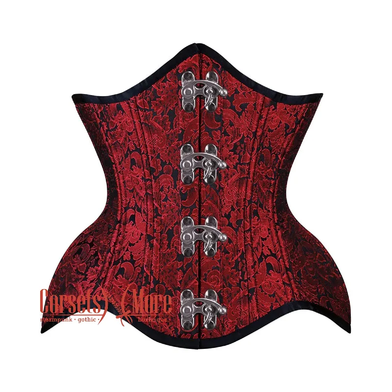 Corset top with sheer edging-Red and Black Brocade With Front Clasps Gothic Underbust Waist Training Corset