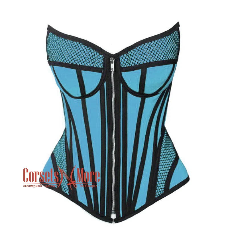 Corset with lace inserts-Baby Blue Satin black mesh Zipper Steampunk Overbust Bustier Corset