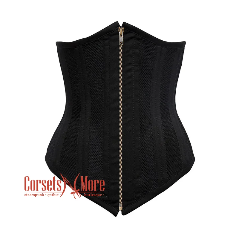 Corset for stylish shaping-Black Cotton Mesh Double Boned Front Antique Zipper Long Underbust Steampunk Corset