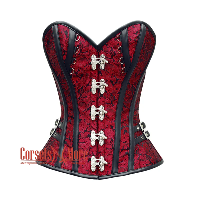 Corset top with sheer trim-Red And Black Brocade Steampunk Costume Gothic Corset Overbust Top