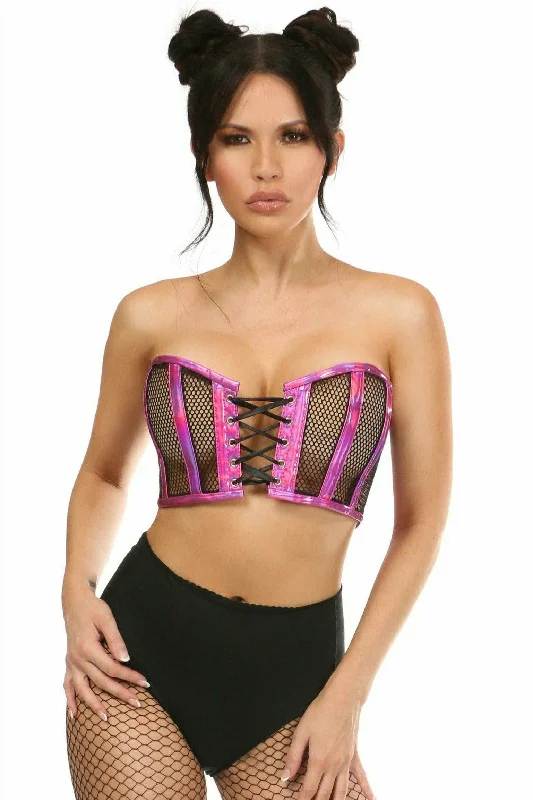 Silent wave beads-Lavish Fuchsia Holo & Fishnet Lace-Up Short Bustier Top