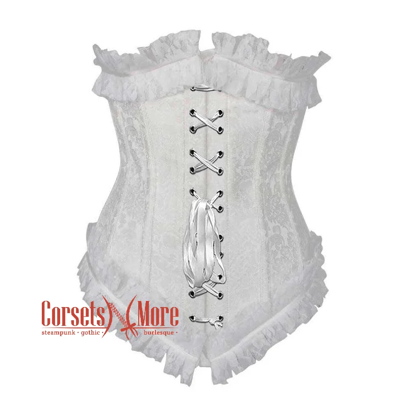 Corset top with floral ribbon-Plus Size White Brocade Front Lace Frill Net Design Gothic Waist Training Underbust Corset Bustier Top