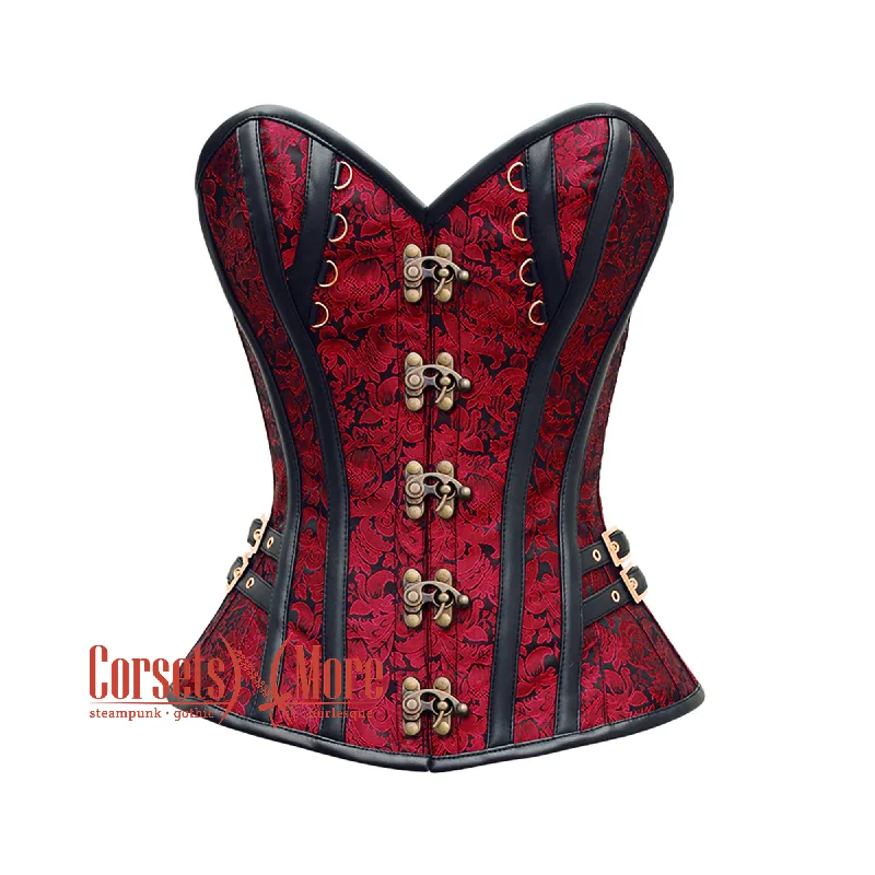 Corset in pale blush-Red And Black Brocade Antique Clasps Steampunk Costume Gothic Corset Overbust Top