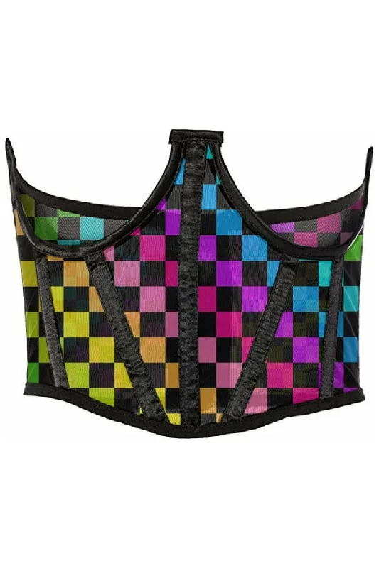 Silent air pulse clit toys-Lavish Rainbow Checkers Print Mesh Open Cup Waist Cincher