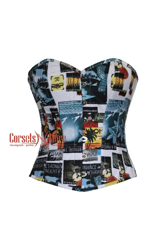 Corset with satin inserts-CorsetsNmore Women’s Printed Beach Cotton Summer Costume Gothic Overbust Corset