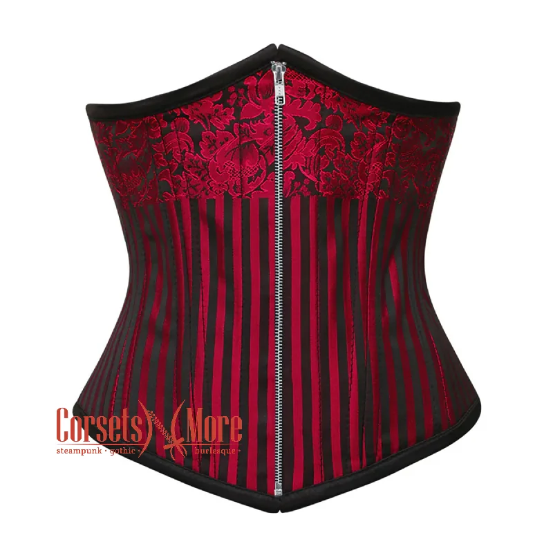 Corset dress in deep sienna-Red and Black Brocade Steel Boned Front Silver Zipper Underbust Corset