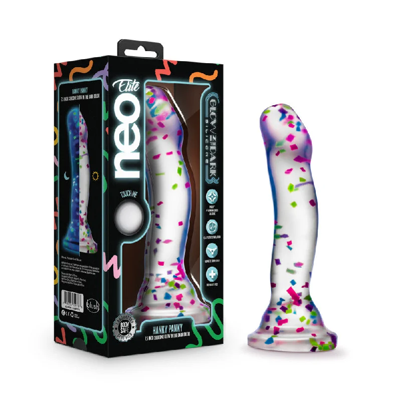 bunker-dildo-Neo Elite By Blush® | Hanky-Panky 7.5 Inch Purio™ Silicone Glow In The Dark Dildo - Clear Dildo With Fun Confetti