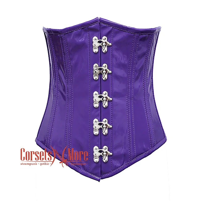 Corset for refined glamour-Purple PVC Leather With Front Silver Clasps Gothic Long Underbust Waist Training Corset