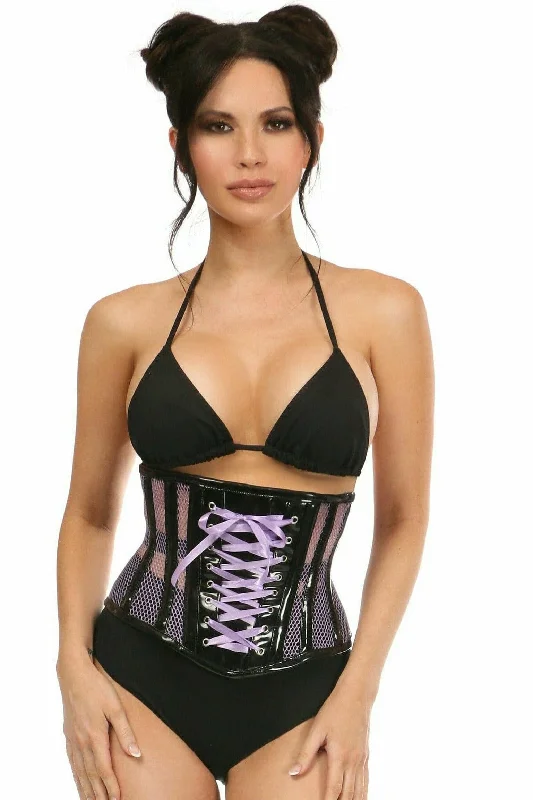 Silent pulse toys-Top Drawer Purple Patent & Fishnet Underbust Corset