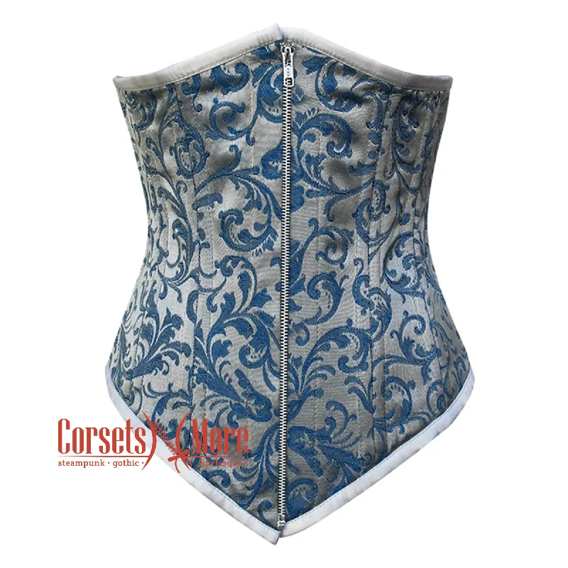 Corset in muted rose-Baby Blue Brocade With Front Silver Zipper Gothic Long Underbust Waist Training Double Bone Corset