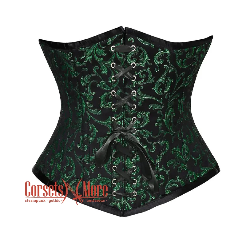 Corset with satin ribbon-Plus Size Green And Black Brocade With Front Lace Underbust Corset Gothic Costume Bustier Top