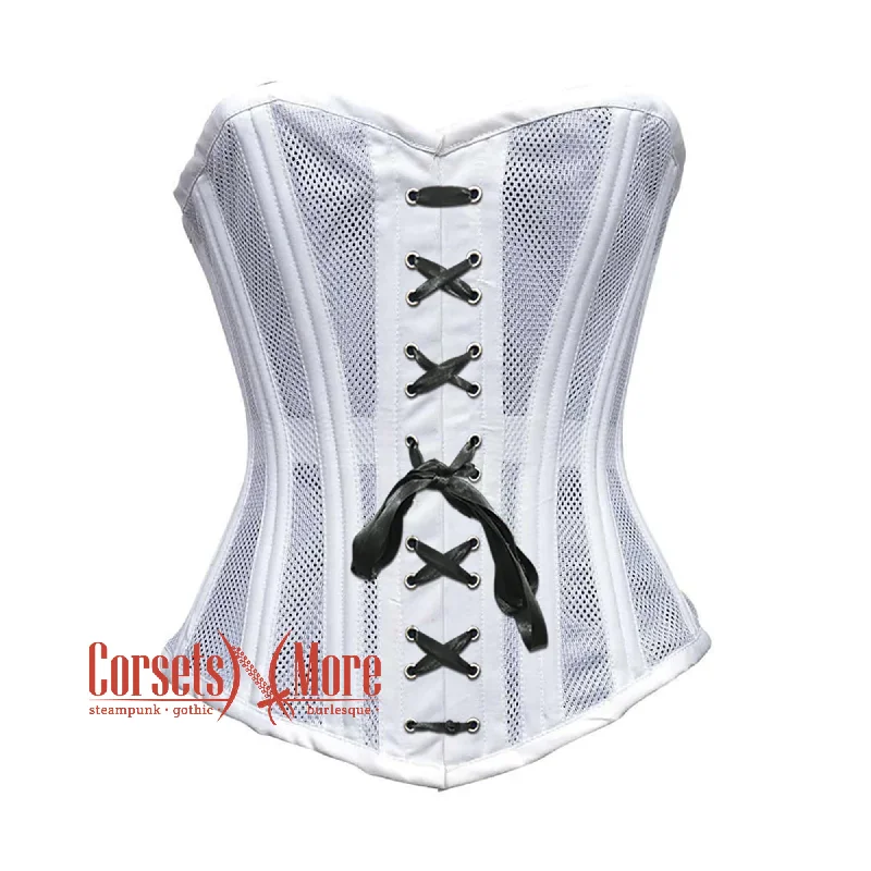 Corset with floral ribbon-Plus Size White Satin With Mesh Front Black Lace Double Bone Burlesque Gothic Overbust Corset Bustier Top