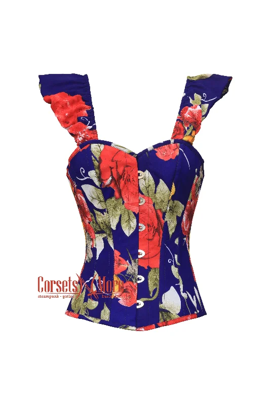 Corset top with sheer ruffle-Liora Petalstone Multi Color Floral Satin With Shoulder Straps Plus Size Corset Top