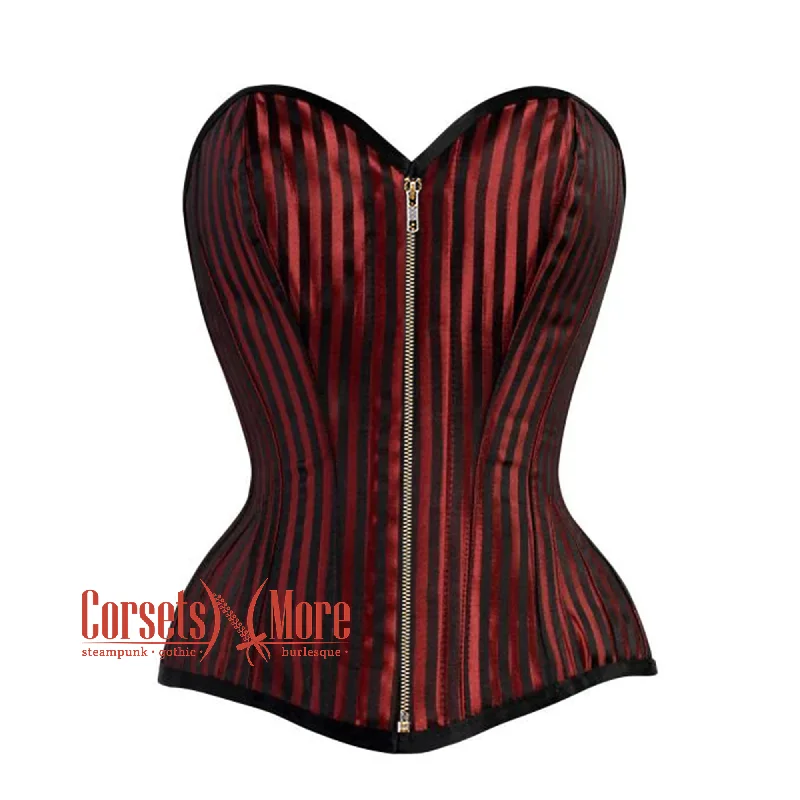 Corset in light emerald-Red And Black Striped Brocade Antique Zipper Steampunk Costume Gothic Corset Overbust Top