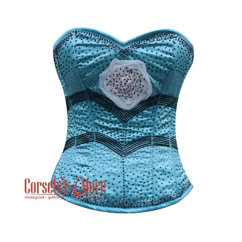 Corset dress for winter allure-Baby Blue Satin Black Sequins White Flower Burlesque Gothic Corset Bustier Overbust