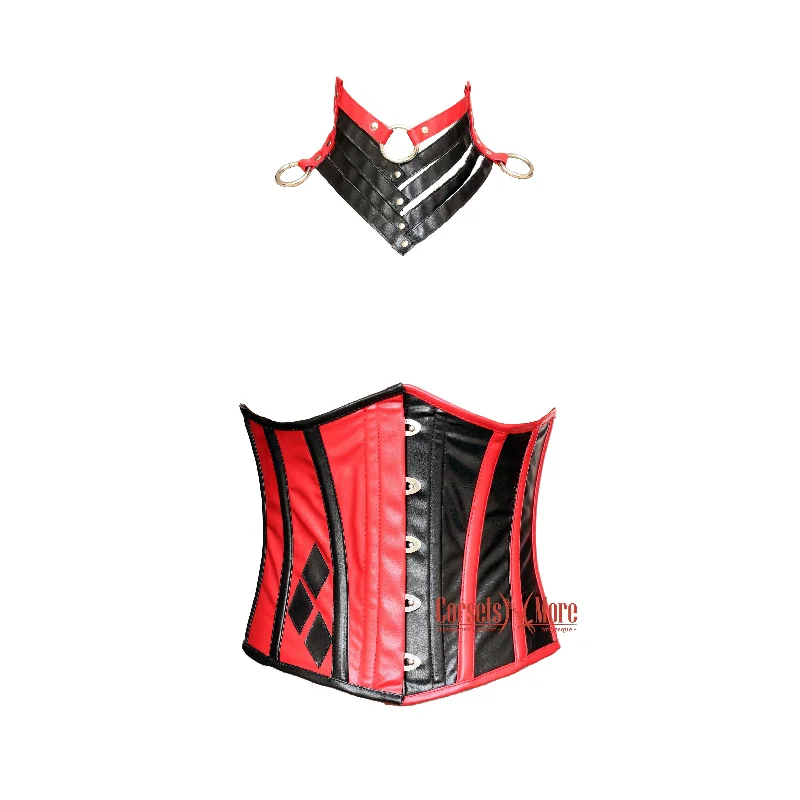 Corset for striking shaping-Morticia Addams Red And Black Leather Plus Size corset with Neck top