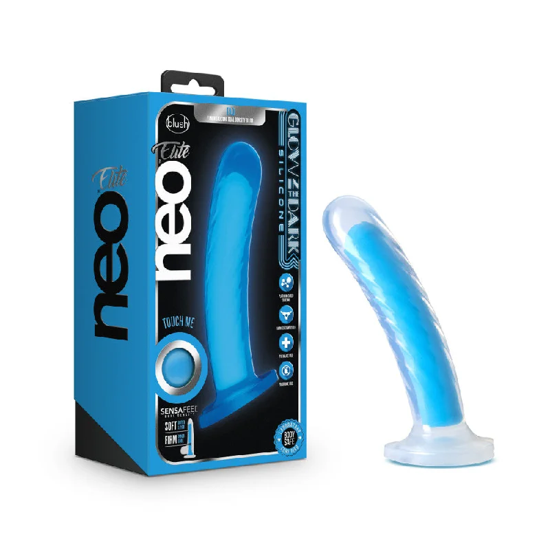 blaze-dildo-Neo Elite By Blush® | Tao Glow In The Dark Neon Blue: 7-Inch Long Dildo - Made with Purio™ Silicone & SensaFeel® Dual Density Realistic Technology