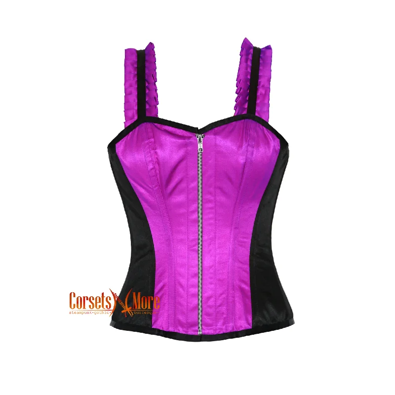 Corset in soft bronze-Purple And Black Satin Corset With Shoulder  Strap Overbust Zipper Top