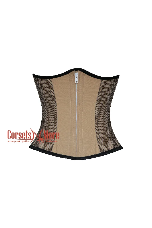 Corset with sheer trim-Nude Cotton With Black Sheer Gothic Costume Zipper Plus Size Underbust Corset