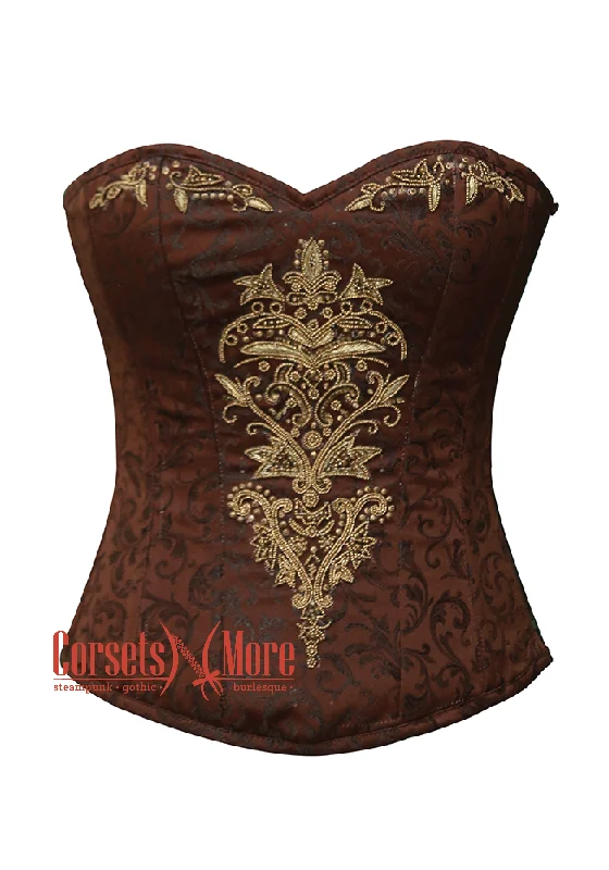 Corset top with bow edging-Brown Brocade Sequins Hand Work Burlesque Overbust Corset Sexy Top