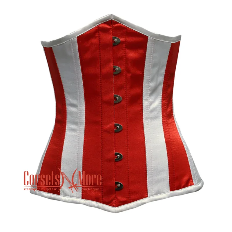 Corset in light cerise-Steampunk Red White Satin Long Pointed Underbust Corset