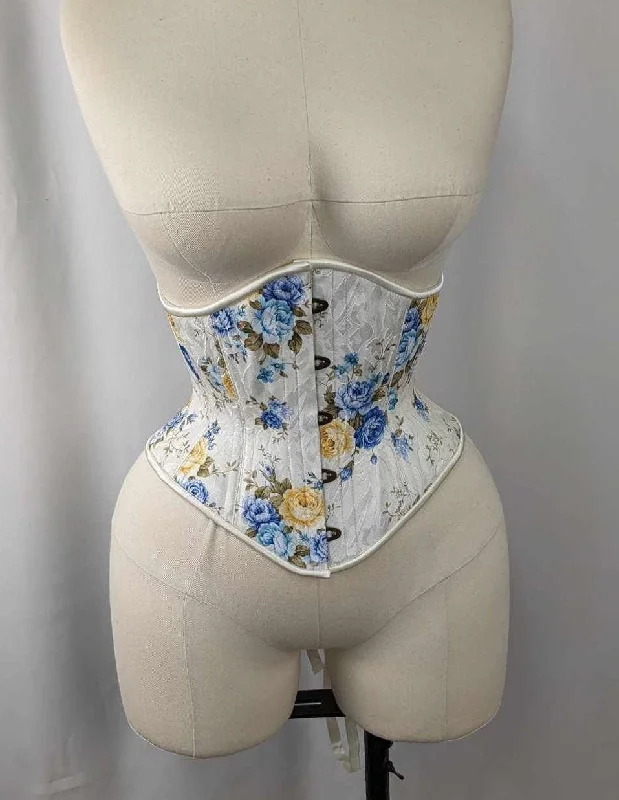 Corset in sunset pink-Blue Yellow and Ivory Floral Jacquard Steel Boned High Hip Underbust Corset