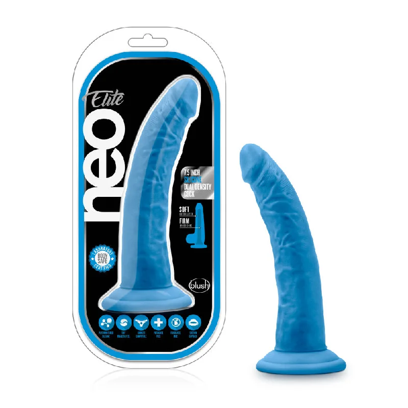 quick-mode-dildo-Neo Elite By Blush® | Neon Blue: 7.5-Inch Long Dildo - Made with Purio™ Silicone & SensaFeel® Dual Density Realistic Technology