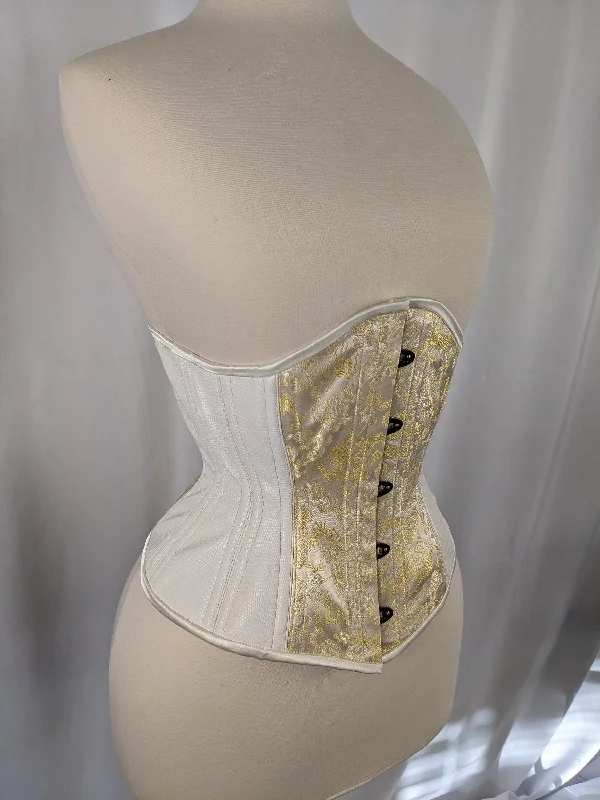 Corset dress with sheer overlay-Ivory and Gold Dragon Vinyl and Brocade Steel Boned Mid Hip Underbust Corset