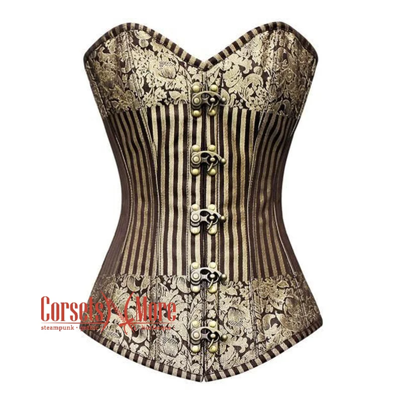 Corset top with sheer piping-Brown And Golden Brocade Steampunk Heavy Duty Overbust Bustier Corset