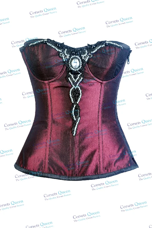 Corset for elegant shaping-Tahira Burgundy Satin/Taffeta Couture Overbust Corset