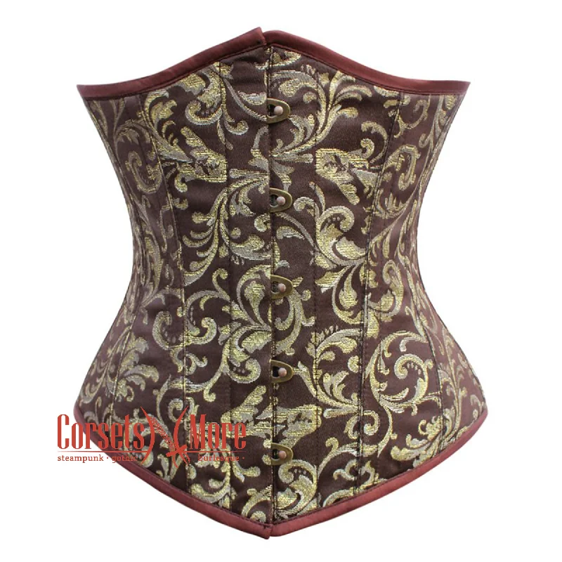 Corset with velvet edging-Brown and Golden Brocade Gothic Long Underbust Waist Training Corset