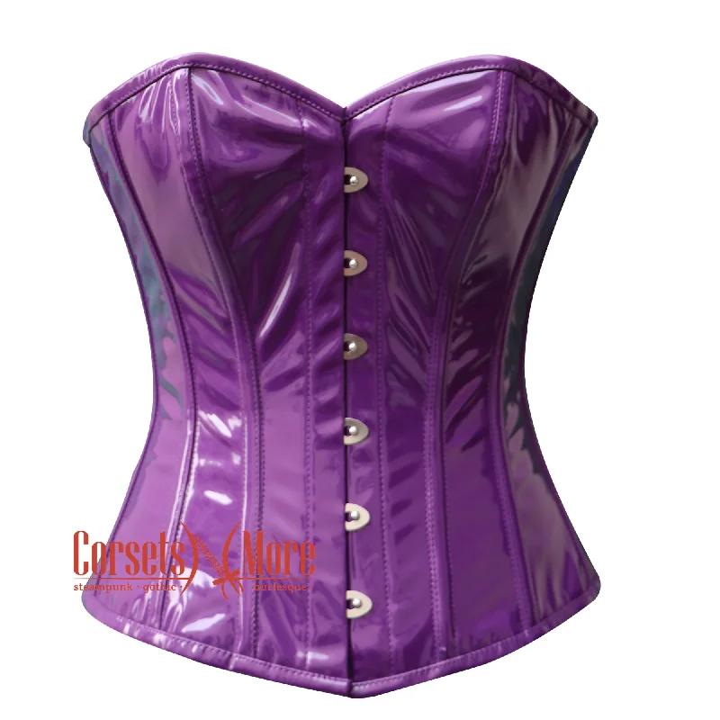 Corset top with bow edging-Purple PVC Leather Steampunk Waist Training Overbust Corset