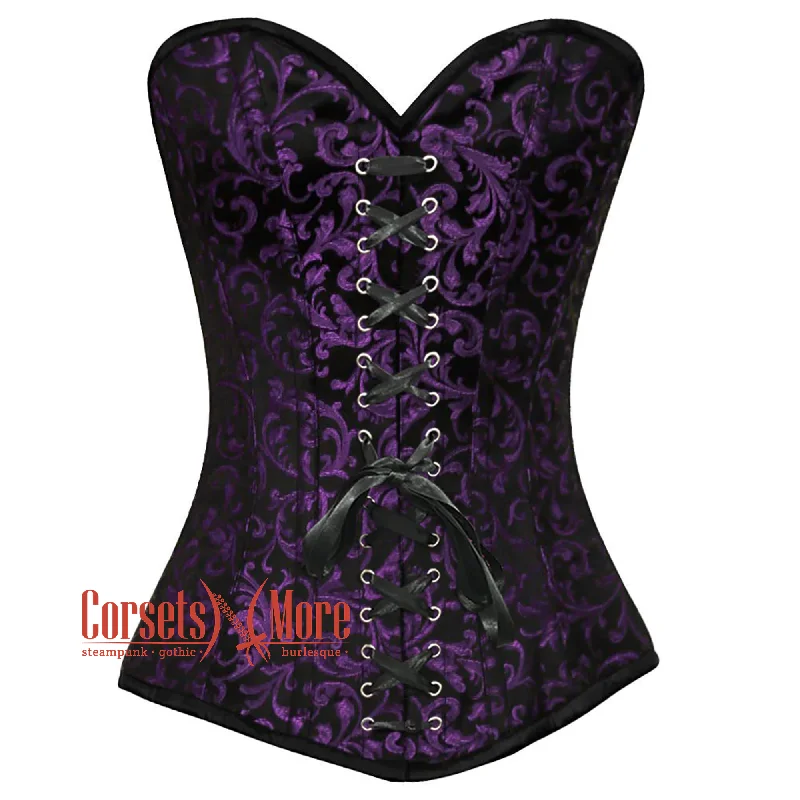 Corset dress with ruffled hem-Plus Size Purple And Black Brocade Front Black Lace Gothic Long Corset Overbust Top