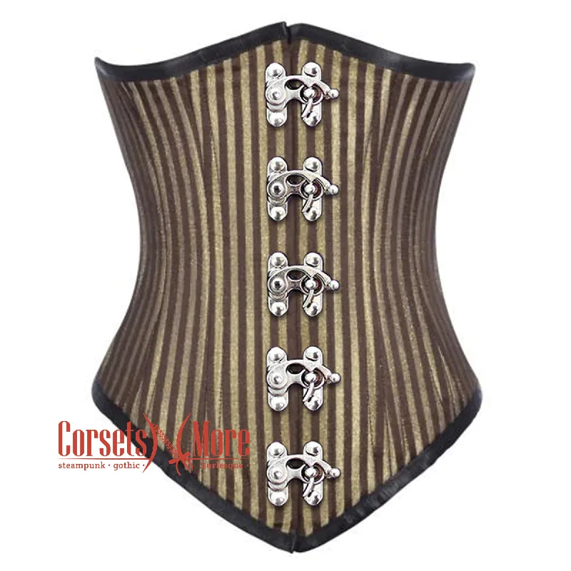 Corset dress in muted bronze-Brown and Golden Brocade With Front Silver Clasps Gothic Long Underbust Waist Training Corset