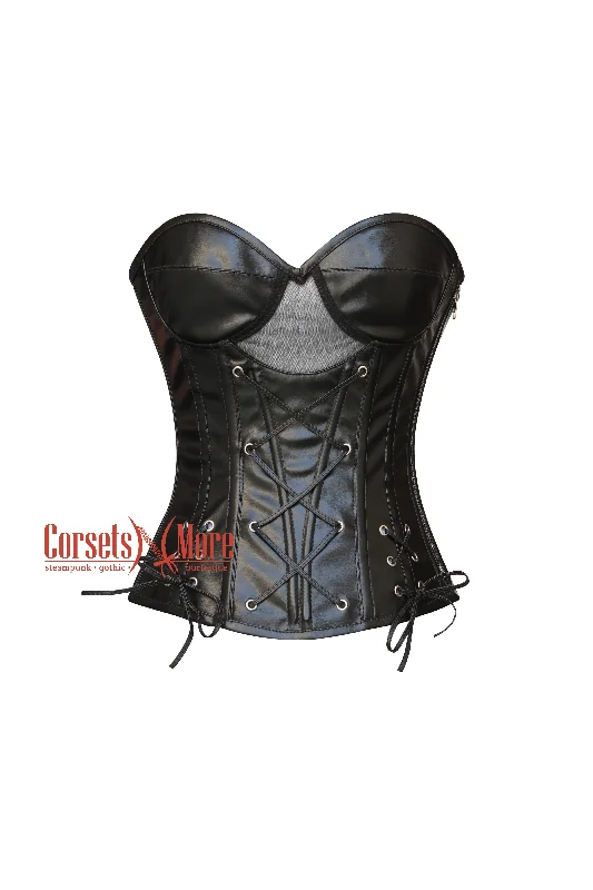 Corset top with sheer edging-Raven Blackthorn Black Leather Gothic Zipper Overbust Corset Top