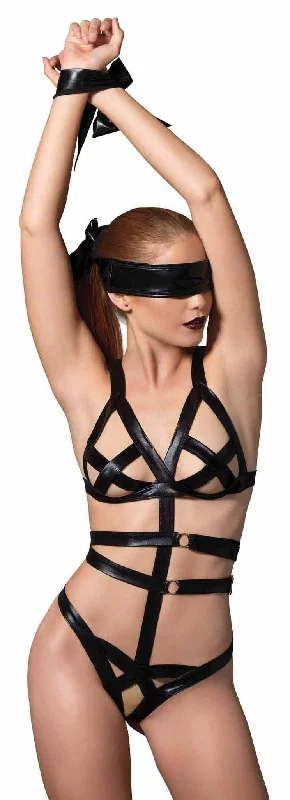 BDSM toy mask weights-3 Piece Wet Look Bondage G-String Teddy with Restraints