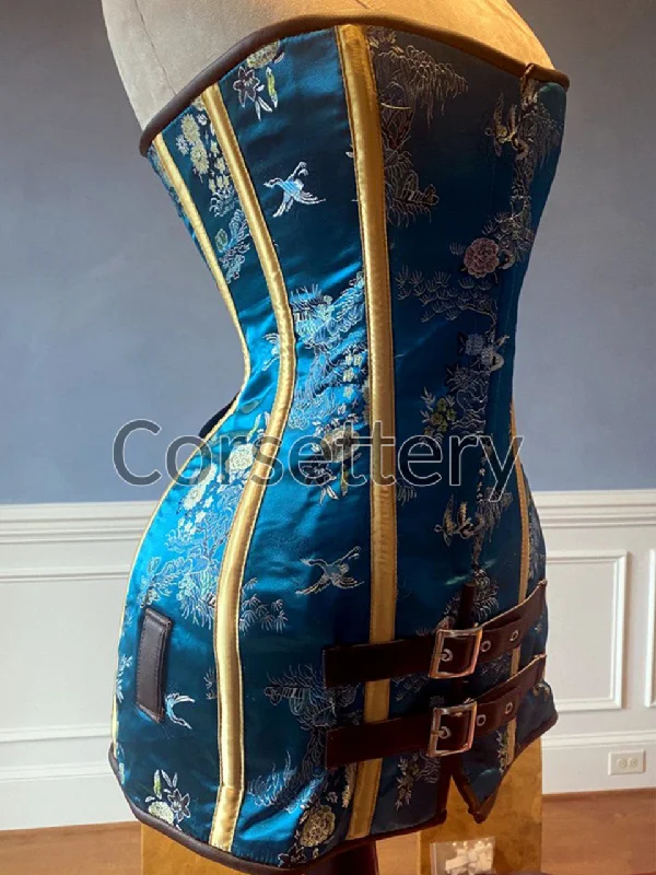 Corset with lace trim-Exclusive blue brocade corset in caftan style, colorful blue with brown leather steampunk and all black gothic available