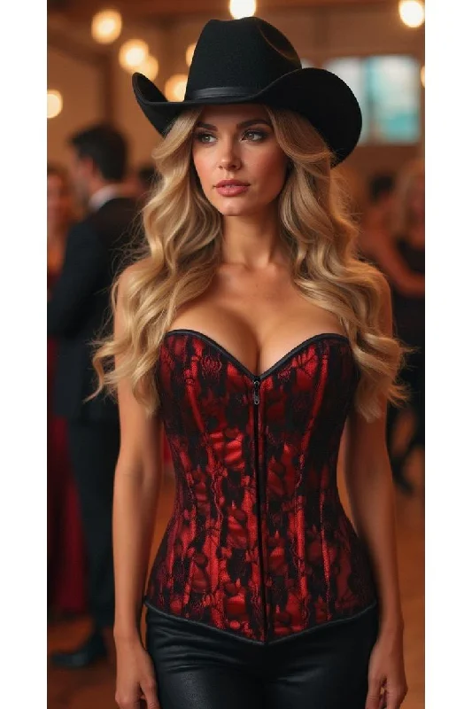 Corset for subtle allure-Lavish Red Lace Front Zipper Corset