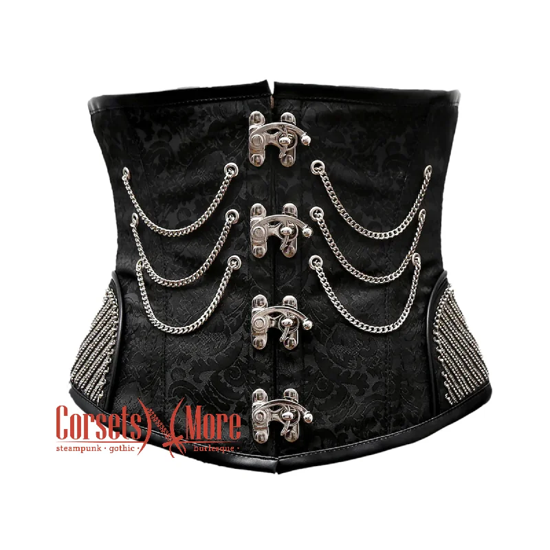 Corset in pale emerald-Black Brocade With Silver Sequins Work Steampunk Underbust Corset Gothic Costume Bustier Top