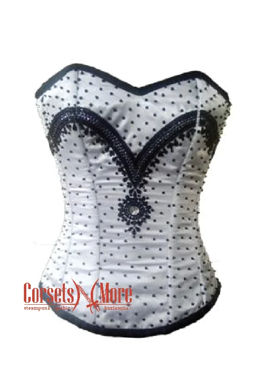 Corset in deep blush-White Satin Black Sequins Gothic Burlesque Bustier Waist Training Overbust Corset Costume