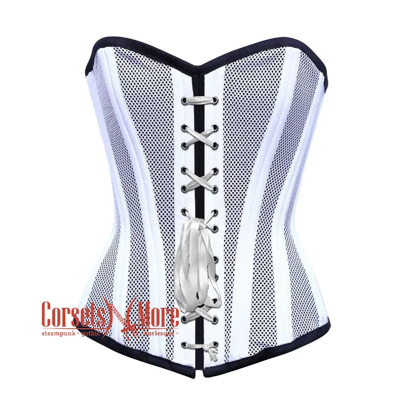 Corset for stylish shaping-White Satin With Mesh White Lace Double Bone Burlesque Gothic Overbust Corset Bustier Top