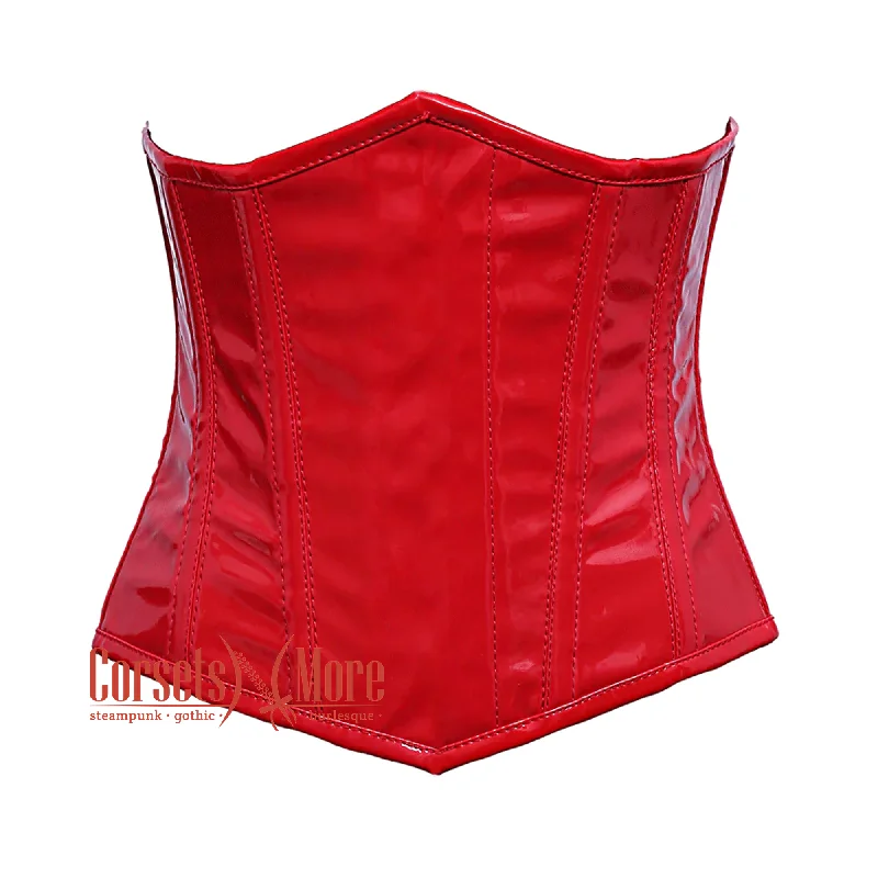 Corset top with floral inserts-Red PVC Leather Front Close Underbust Steampunk Corset