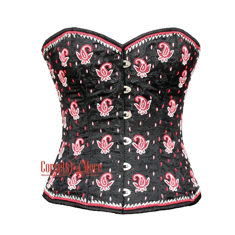 Corset dress with bow edging-Raven Rouge Black Brocade Red White Sequins Overbust Plus Size Corset Top