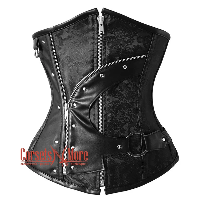 Corset in soft emerald-Black Brocade And Black Leather Steampunk Gothic Underbust Waist Training Corset