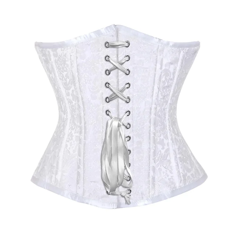 Corset with floral piping-White Brocade Double Bone Front White Ribbon Gothic Underbust Bustier Corset