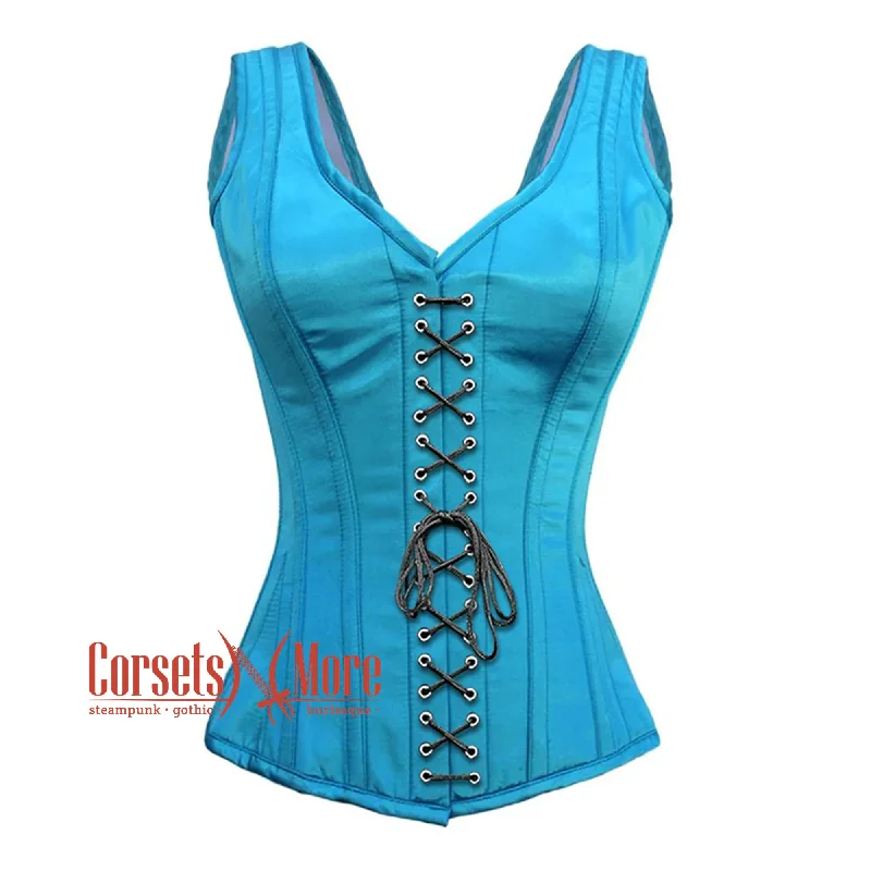 Corset for refined shaping-Plus Size Baby Blue Satin With Front Lace Gothic Overbust Burlesque Corset Waist Training Top