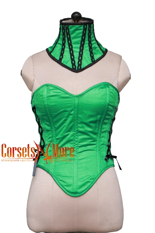 Corset for elegant flair-CorsetsNmore Women’s Green Satin Gothic Overbust With Neck Corset  Posture Collar Costume