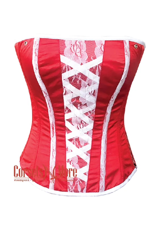 Corset in pale violet-Red Satin with White Net on Front Overbust Christmas Corset Top Burlesque, Waist Training with Steel Bones, Waist Training Overbust Corset