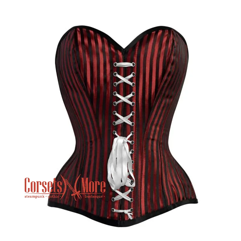 Corset with lace edging-Red And Black Striped Brocade Front Lace Steampunk Costume Gothic Corset Overbust Top